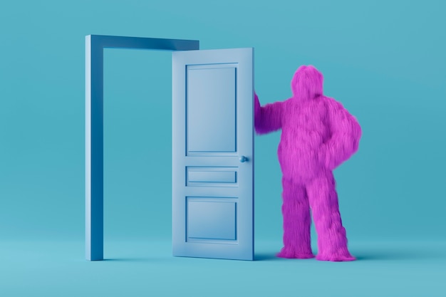 Purple yeti cartoon with blue door