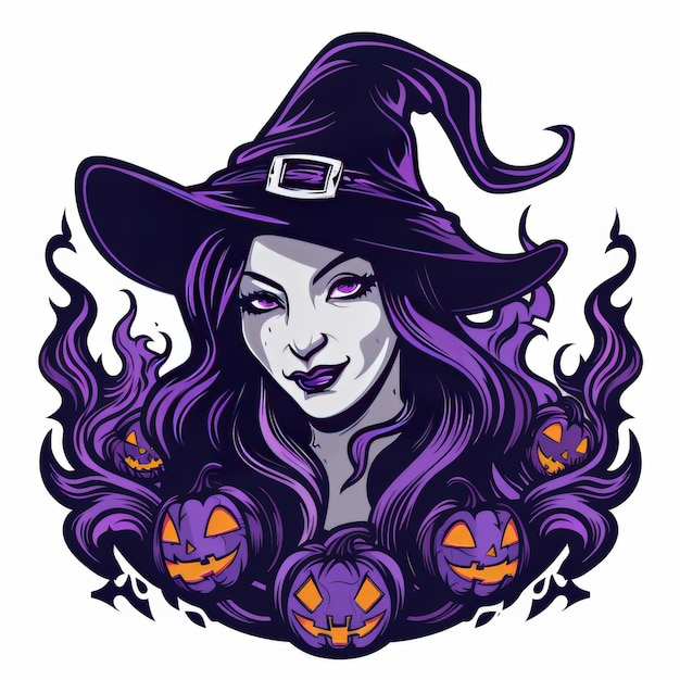 A purplehaired witch wearing a black hat with a buckle and a smirk on her face She is surrounded by four jackolanterns and flames