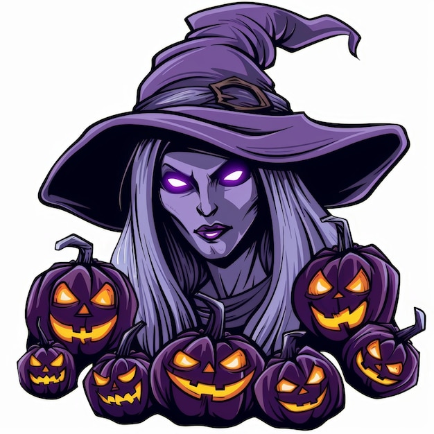 A purpleskinned witch with a pointy hat and glowing eyes surrounded by jacko39lanterns