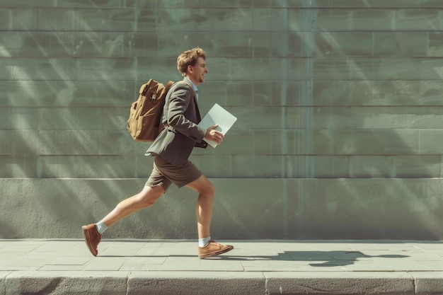 Photo a purposeful student with a backpack and books is running down the street