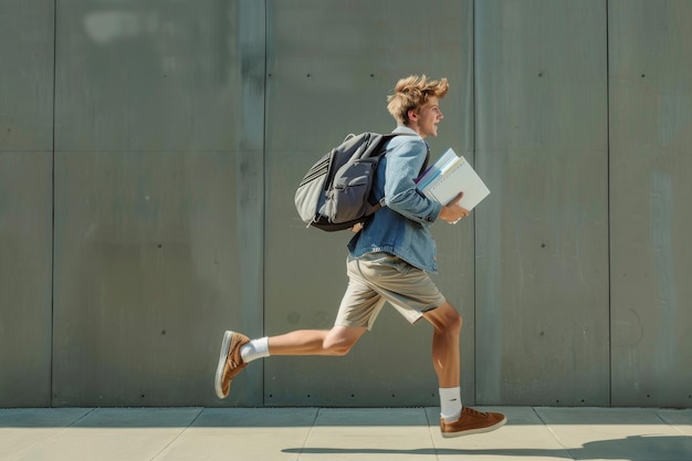 Photo a purposeful student with a backpack and books is running down the street