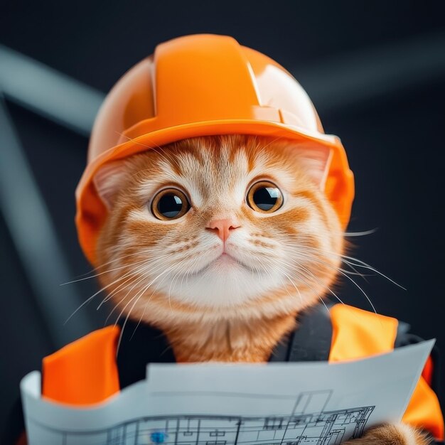 Photo purrfect construction assistant orange cat in hard hat with blueprint on construction site