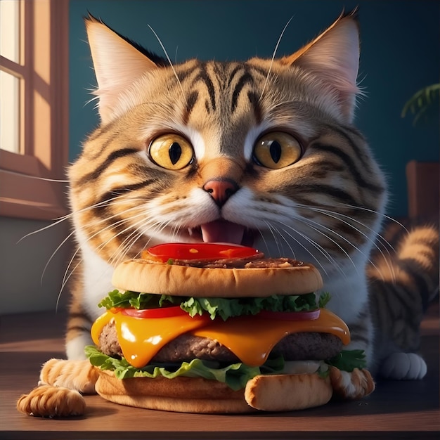 The Purrfect Feast Happy Cat and Her Burger