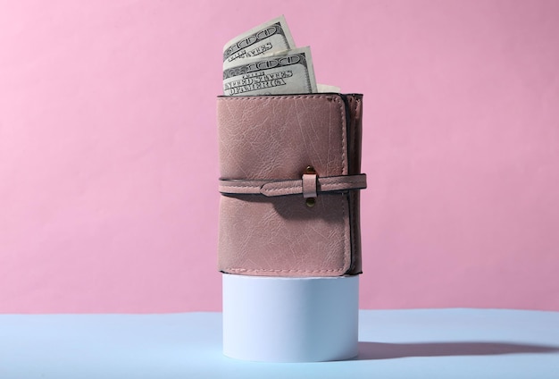 Purse with dollar bills on stand Blue pink pastel background