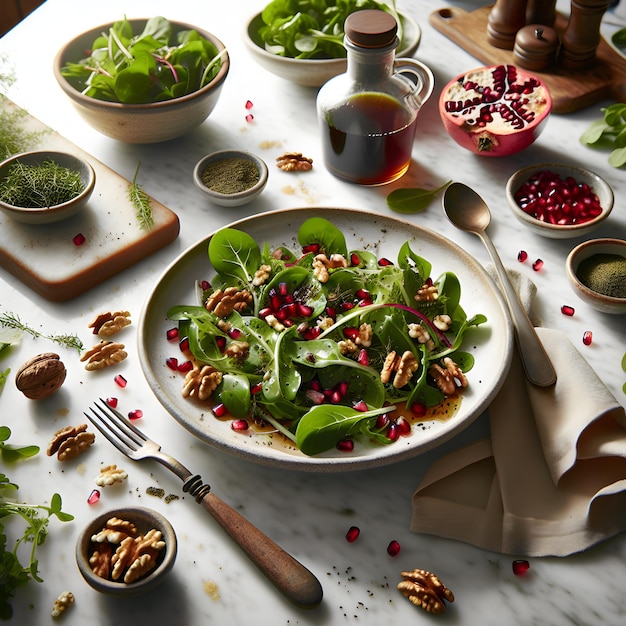 Purslane Salad with Pomegranate and Walnuts on Marble Counter