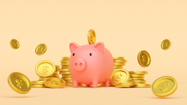 Putting a coin into Piggy bank, 3d rendering