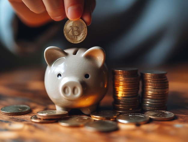 putting coin into a piggy bank hand putting a coin into a piggy bank