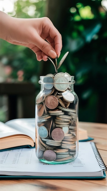 Putting money coins saving in glass bottle for concept investment mutual fund finance and business