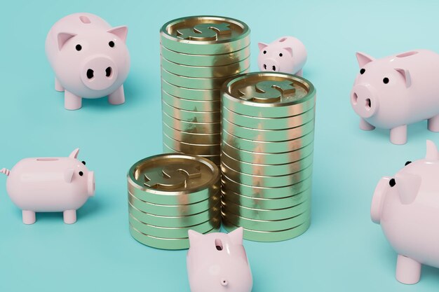 Putting money in the piggy bank piggy banks around stacks of dollar coins on a blue background