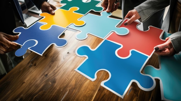 Photo a puzzle being assembled by a team each piece representing a different aspect of their business vision and goals coming together ar 169 job id 79ec1f0c269747a79944e8e41b667b5e