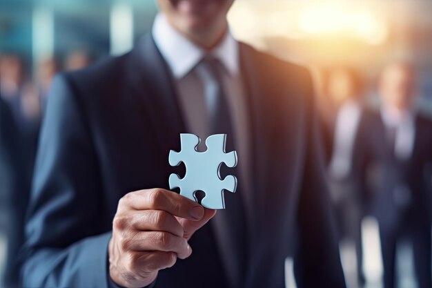 Photo puzzle of collaboration businessman holding key piece amidst blurred group