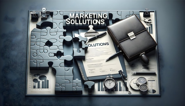 Photo puzzle piece and briefcase border frame with marketing solutions text and copy space concept as a sl