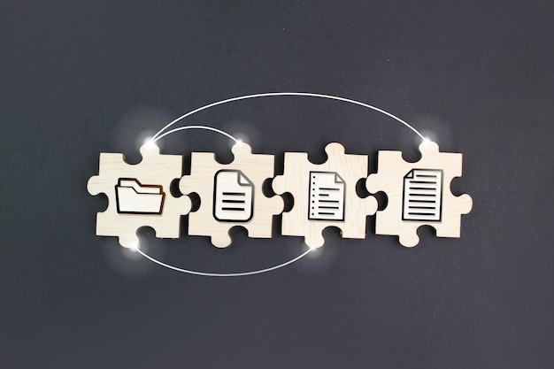 A puzzle piece with a white piece labeled with a document on it. Dms. Document management system