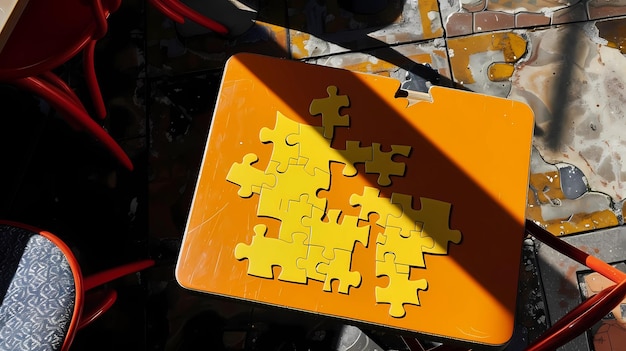 Puzzle pieces on a table in a cafe Concept of teamwork Generative AI illustrations