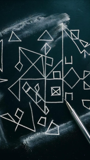 Photo puzzle with shapes and pen on blackboard