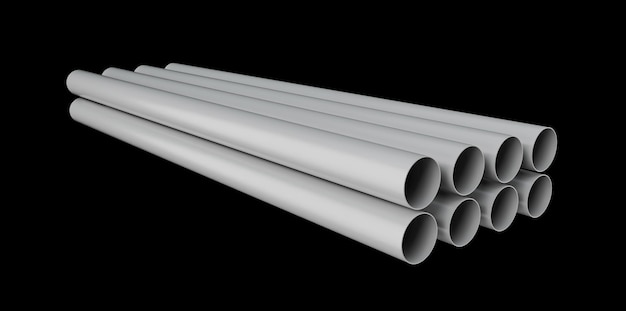 PVC pipes stacked in warehouse. A series of white tubes on black surface 3D illustration