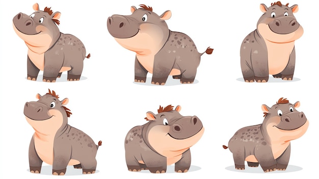 Pygmy Hippopotamus 6 illustrations with different expressions on a white background