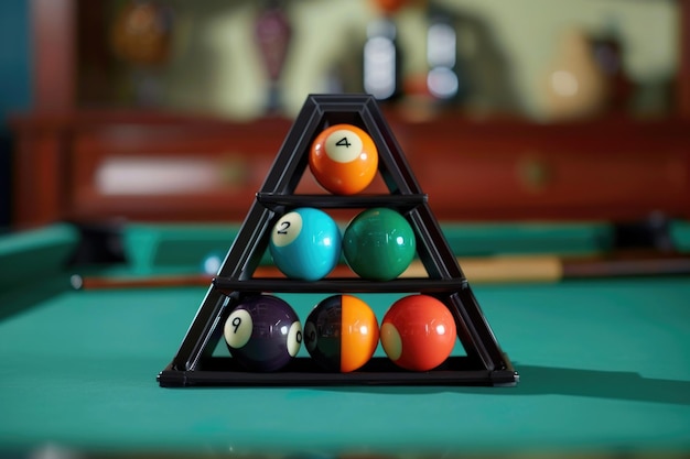 A pyramid of billiard balls on a pool table Ideal for sports and leisure concepts