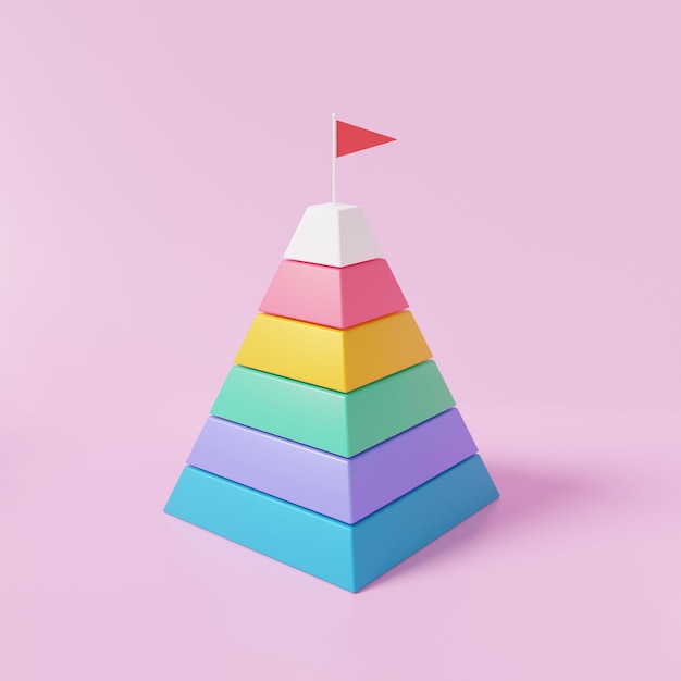 Pyramid chart with Red flag target on pink background isometric Graph icon level diagram infographic data analytics Optimization growth statistics finance business development concept 3d rendering