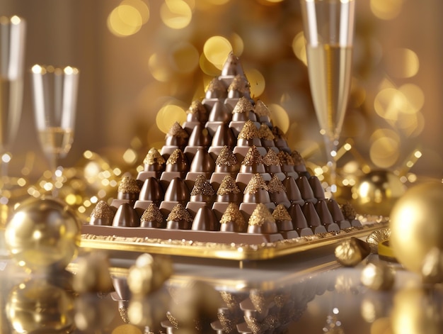 Photo a pyramid of chocolate is on a tray with a gold background