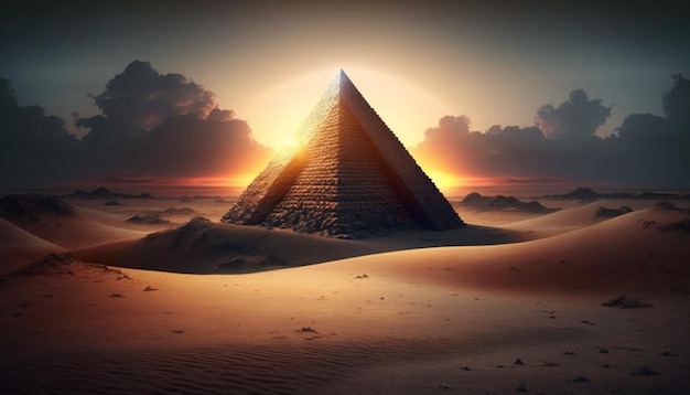 pyramid in the desert at sunset