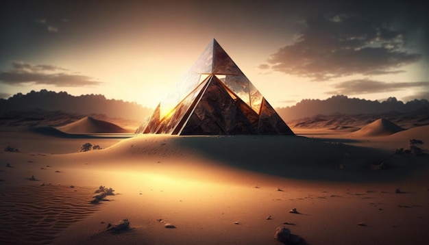 pyramid in the desert at sunset