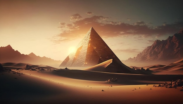 pyramid in the desert at sunset