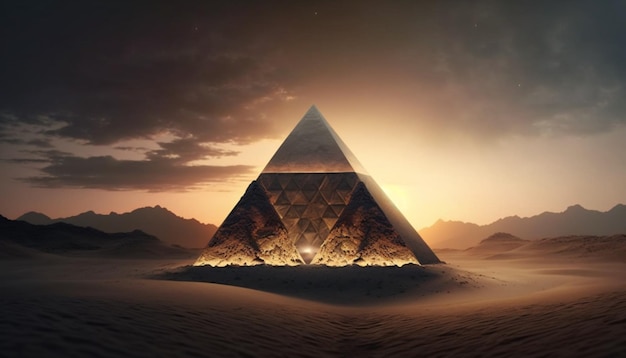 pyramid in the desert at sunset