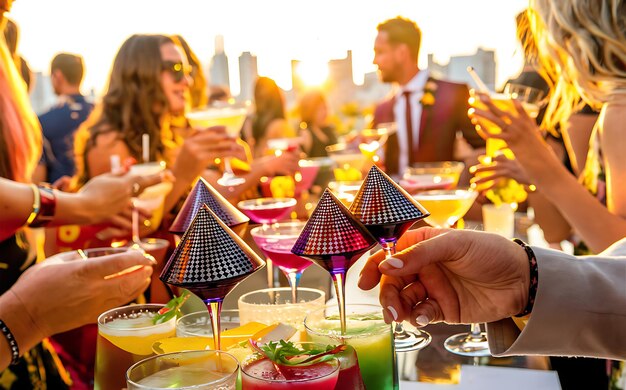 Pyramid from glasses at celebration colorful cocktails close up an openair party on the sunset