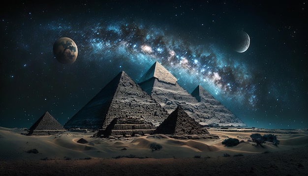 Pyramid of Giza with the moon and stars in the background Generative AI