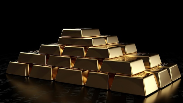 A pyramid of gold bars is shown on a black background.