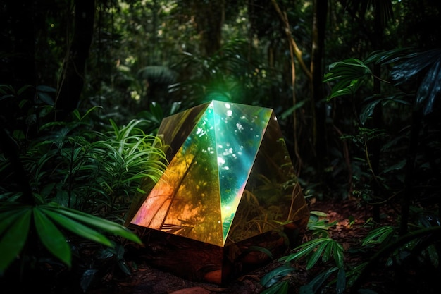 A pyramid in the jungle with a rainbow colored glass pyramid in the middle