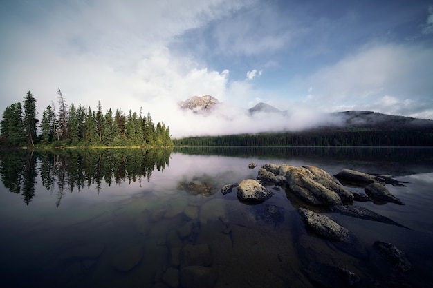 Pyramid Lake views with rocks in Canada