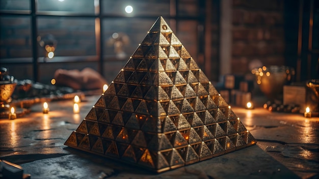 a pyramid made of gold foil sits on a table