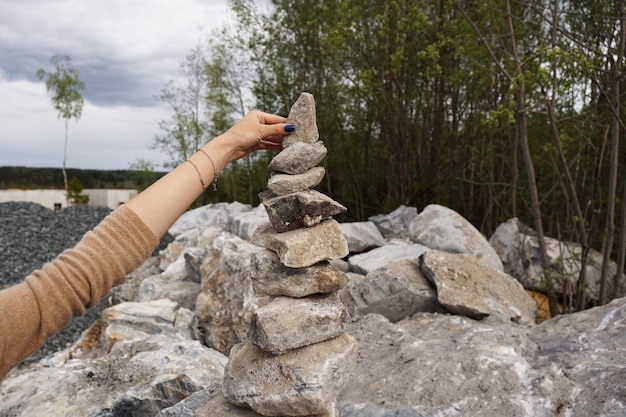 Pyramid made of stones in a former marble quarry