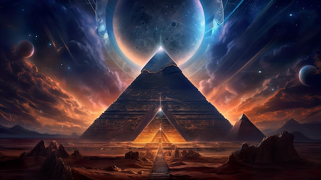 A pyramid in the middle of a desert with planets in the background AI generative image