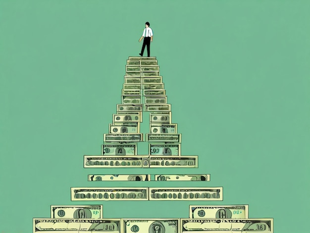 Photo a pyramid of money with a man standing on top of it