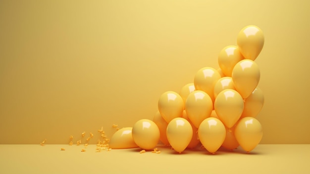 A pyramid of orange balloons is surrounded by a yellow background.