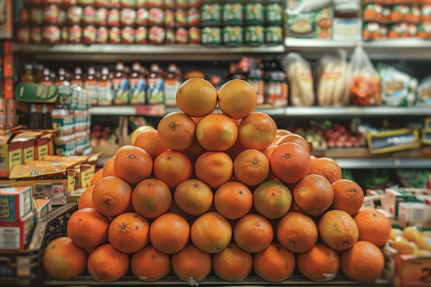 A Pyramid of Oranges in a Grocery Store Aisle