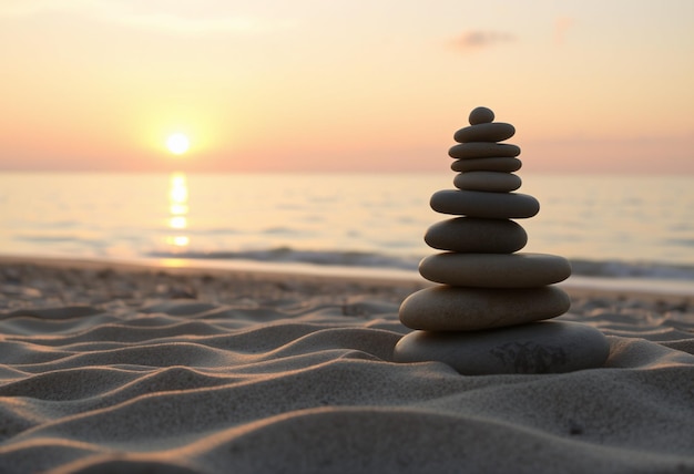 Photo a pyramid of rocks sits on the beach at sunset