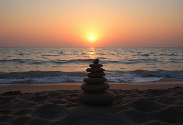 Photo a pyramid of rocks sits on the beach at sunset