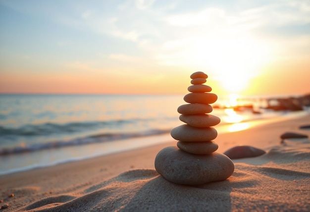 Photo a pyramid of rocks sits on the beach at sunset