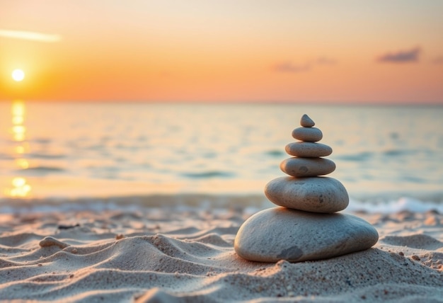 Photo a pyramid of rocks sits on the beach at sunset