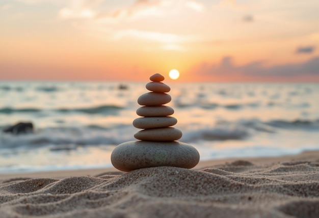 Photo a pyramid of rocks sits on the beach at sunset