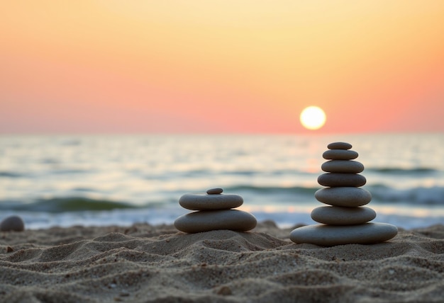 Photo a pyramid of rocks sits on the beach with the sun setting behind them