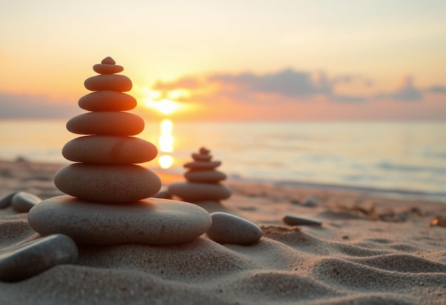 Photo a pyramid of rocks sits on the beach with the sun setting behind them