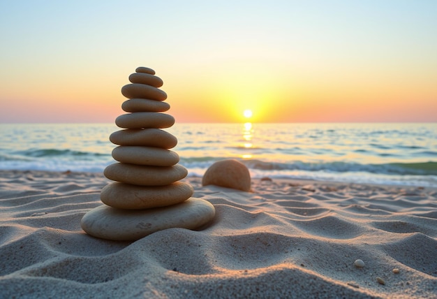 Photo a pyramid of rocks sits on the beach with the sun setting behind them