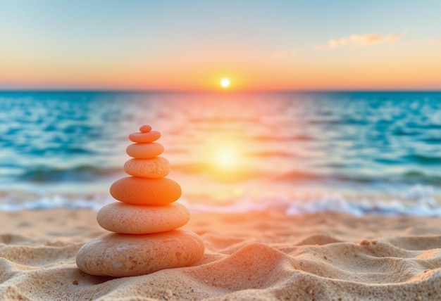 Photo a pyramid of rocks sits on the beach with the sun setting behind them