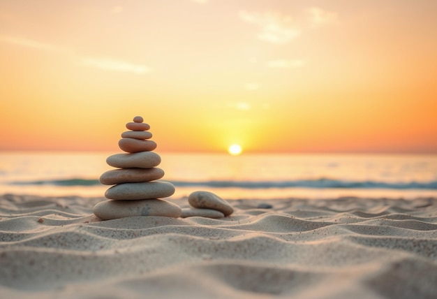 a pyramid of rocks sits on the sand at sunset