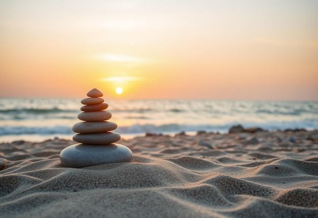 a pyramid of rocks sits on the sand at sunset